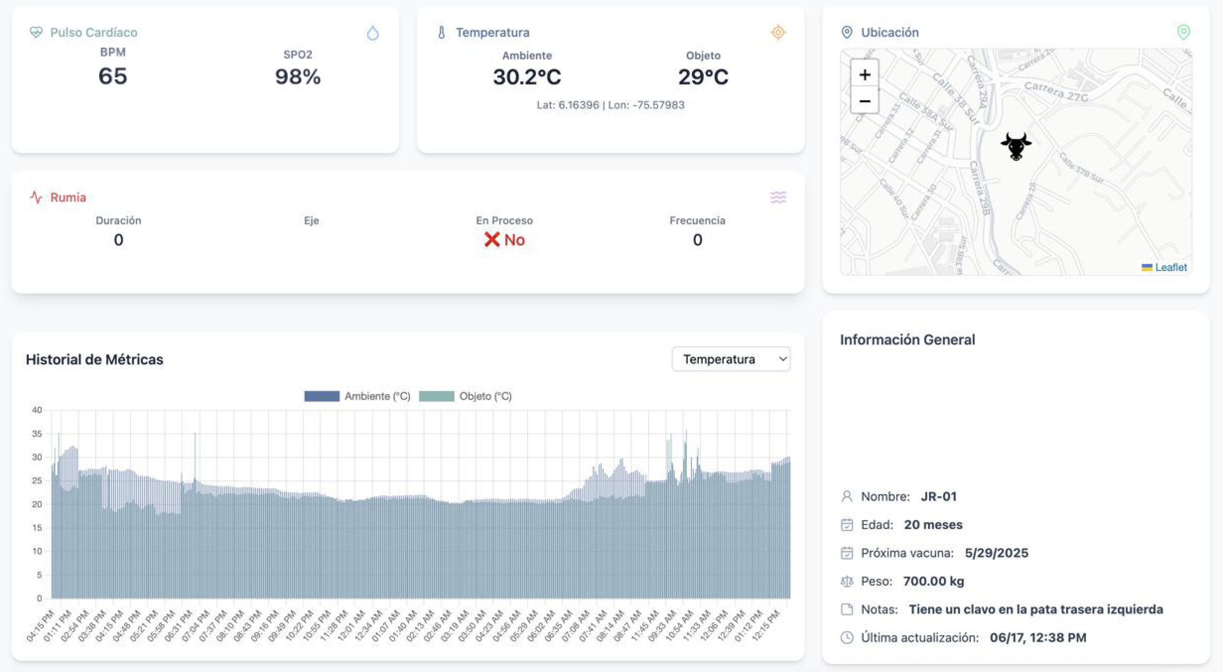 Vista móvil de la app mostrando tablero y rastreo de ganado